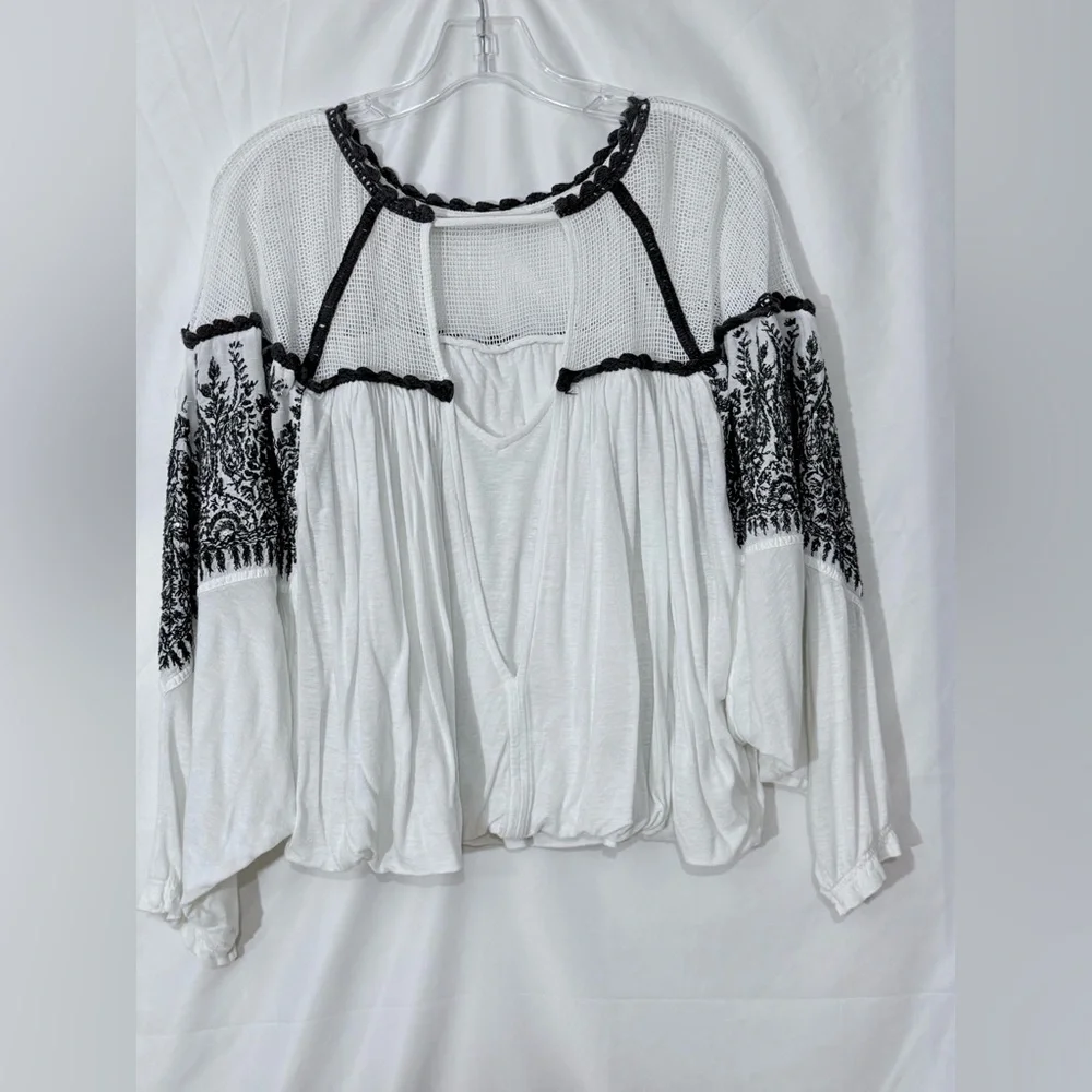Free People Carly Embroidered Flowy Boho Style Top With A Cropped Bubble Hem